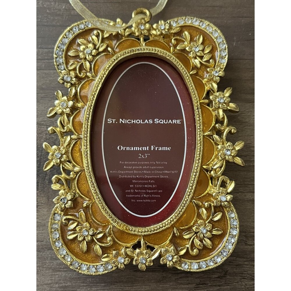 ST. Nicholas Square Enamel Gold Ornament Frame 4x3" Ornate Floral Rhinestones